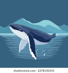 Humpback blue whale in open sea. Underwater fish and sea creatures in natural habitat. Flat vector illustration concept