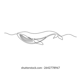 Humpback in the ocean outline drawing illustration. one continuous line drawing of humpback whale.
