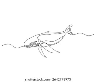 Humpback in the ocean outline drawing illustration. one continuous line drawing of humpback whale.