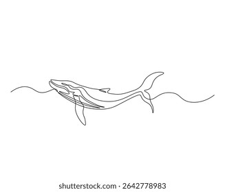 Humpback in the ocean outline drawing illustration. one continuous line drawing of humpback whale.