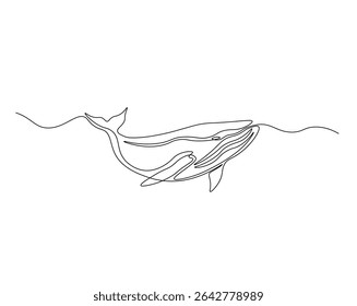 Humpback in the ocean outline drawing illustration. one continuous line drawing of humpback whale.