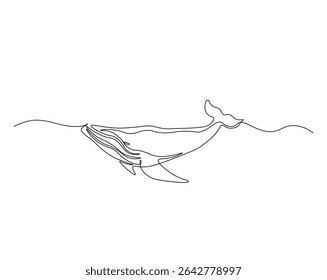 Humpback in the ocean outline drawing illustration. one continuous line drawing of humpback whale.