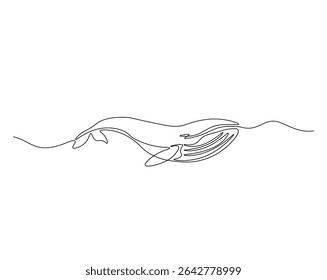 Humpback in the ocean outline drawing illustration. one continuous line drawing of humpback whale.
