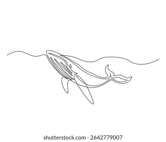 Humpback in the ocean outline drawing illustration. one continuous line drawing of humpback whale.