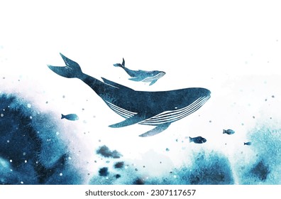 Humpback whale with baby. Watercolor vector silhouette of a big whales under the sea. Template for posters, web design, flyer, advertisement, banner, invitation card