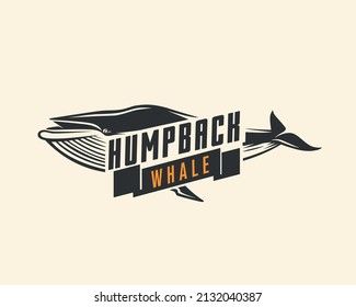 Humpback. Whale. Black and white vector emblem.