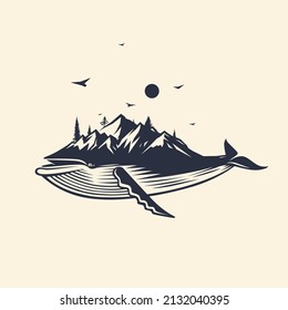 Humpback. Whale. Black and white vector illustration.