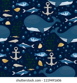 Humpback whale character seamless pattern background. Sea marine mammal ocean nature water animal vector illustration. Endangered species wildlife.