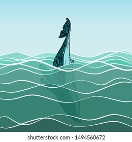 Humpback whale dives into the water. Whale tail over the water.