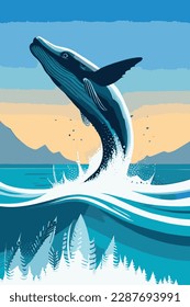 Humpback whale emerging from the water. Humpback whale in the ocean. Eco ocean. Vector illustration.