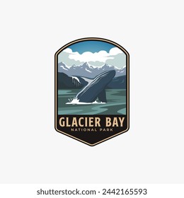 La ballena jorobada en el Parque Nacional de la Bahía del Glaciar logotipo parche insignia ilustración vectorial diseño, salto de ballena jorobada diseño