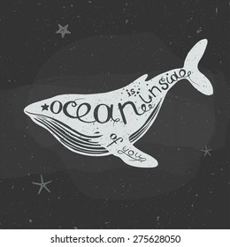 humpback whale with had-drawn lettering, black and white design, chalk on a blackboard