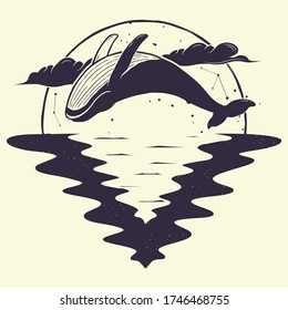 Humpback whale jumping into the sky. Cozy vector