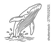 Humpback Whale Jumping Out of Water Line Art Illustration