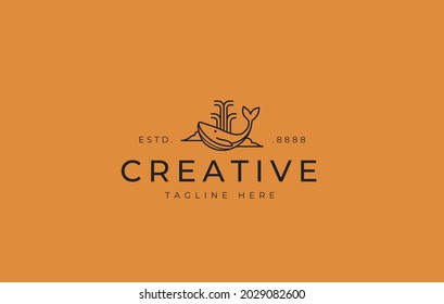 Humpback whale monoline logo design. Vector illustration of abstract creative whale spray water. Vintage logo design vector line icon template