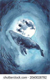 Humpback whale and the moon watercolor hand drawn vector illustration 