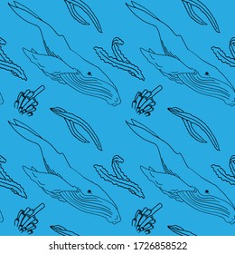 Humpback whale on blue backdrop. Outline seaweed seamless pattern for wallpaper, wrap paper, sleeper, bath tile, apparel or bed linen. Phone case or cloth print. Doodle style stock vector illustration