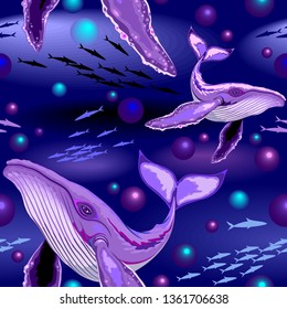 Humpback Whale Purple Surreal Underwater Creature Vector Seamless Pattern
