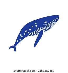 Humpback whale swimming up hand drawn vector illustration isolated on white background. Print, wallart, stamped effect.