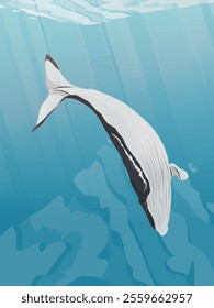 A humpback whale swims in warm water. Realistic vector vertical landscape