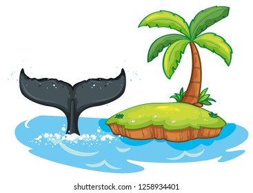 Humpback whale tail next to island  illustration