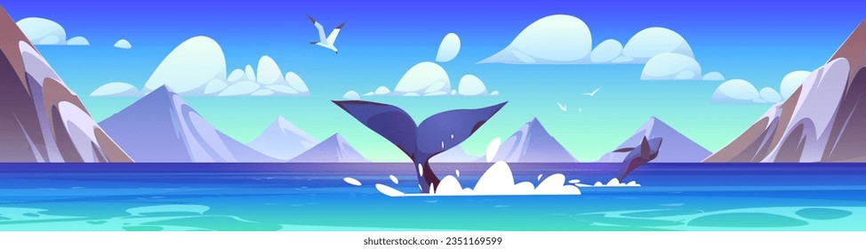 Historia de ballenas jorobadas sobre el agua del mar, paisaje montañoso en el horizonte, gaviotas volando en cielo azul. Dibujo de dibujos animados de enormes mamíferos marinos buceando en la bahía del océano, observación de la vida silvestre