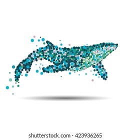 Humpback whale. Whale with water drops. Drawn by small circles or dots. Cartoon whale in the art dots of different diameters. Abstract image of sea mammal whale painted green and blue dots. Vector