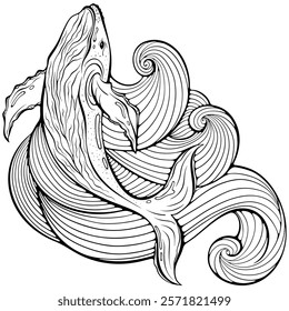 Humpback whale with waves. Sea animal ocean life. Vector illustrations in hand drawn sketch style isolated on white. Black outline graphic. Coloring book page underwater illustration