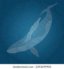 Hump-backed whale swimming in blue water, vector illustration