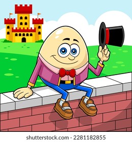 Humpty Dumpty Egg Cartoon Character Sitting On Wall Waving Hat. Vector Hand Drawn Illustration With Landscape Background With Castle