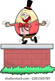 Humpty Dumpty Egg Cartoon Character Falling Off The Wall. Vector Hand Drawn Illustration Isolated On Transparent Background