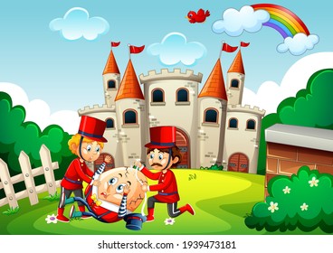 Humpty dumpty egg with soldiers in castle scene illustration