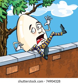 Humpty caída de la pared con el cielo y las nubes detrás