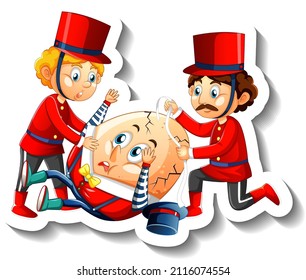 Humpty dumpty with soldiers and broken egg illustration