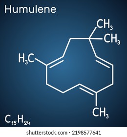 Humulene, alpha-humulene or α-caryophyllene molecule. It is component of the essential oil from flowering cone of hops plant. Structural chemical formula, dark blue background. Vector illustration