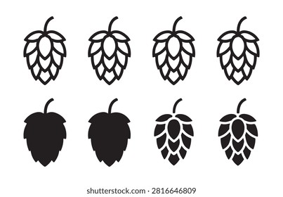 Humulus lupulus plant graphics. Beer ingredient symbols for craft labels. Agricultural botany vector illustrations.
