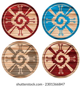 Hunab Ku Mayan Symbol On A Wooden Board Vector Illustration. Mantle Of Spider Water, Aztec Symbol