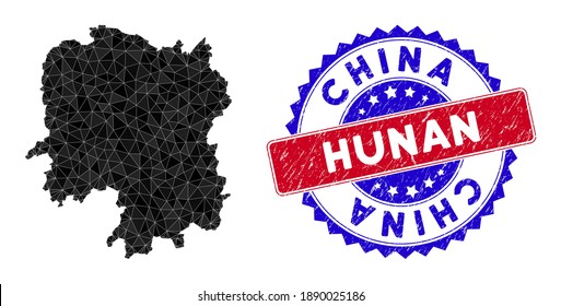 Hunan Province map polygonal mesh with filled triangles, and distress bicolor rubber seal. Triangle mosaic Hunan Province map with mesh vector model, triangles have randomized sizes, and positions,