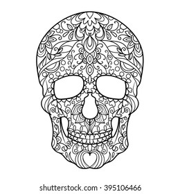 Hunan skull coloring book for adults vector illustration. Anti-stress coloring for adult. Zentangle style. Black and white lines. Lace pattern