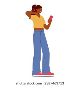 Hunched Female Character with Phone In Hand, Displays Poor Posture, Leading To Neck Strain, Manifesting In Discomfort And Pain. Black Woman Perform Incorrect Pose. Cartoon People Vector Illustration