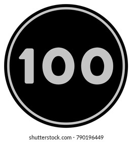 Hundred black coin icon. Vector style is a flat coin symbol using black and light gray colors.