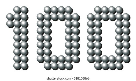 HUNDRED - composed of exactly counted one hundred iron balls - isolated three-dimensional vector illustration on white background.