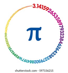 Hundred digits of number Pi forming a rainbow colored circle. Value of infinite number Pi accurate to ninety-nine decimal places. Spectrum colored sequence. Illustration on white background. Vector.