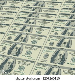 Hundred dollar banknote background. Pile of American paper dollar bills as an element of the world financial system