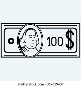Hundred dollar bill. Isolated on blue background. Vector silhouettes