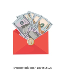 Hundred Dollar Bills. Vector money, red envelope. American money sign. Business concept. Cash money.