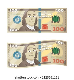 Hundred dollars with Franklin vector illustration. Fake and stylized american 100 bucks bill with comic Benjamin. American money - wealth symbol. Economy and banking icon. Isolated cash closeup.