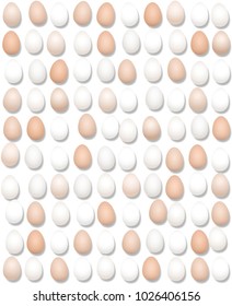 Hundred eggs lined up. Large amount of eggs. Symbolic for excessive egg consumption and for big food business concerning poultry farming.