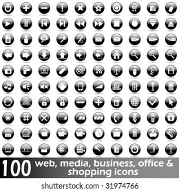 Hundred glossy web, media, business, office and shopping vector icons