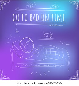 Hundred important reminders - notes - Go to Bad on Time - Blue, purple and violet gradient background. Vector backdrop, wallpaper, cover, banner, mobile app, wrapping. Illustration with cute story 